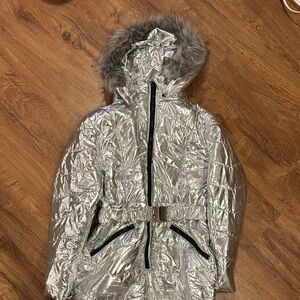 Silver Metallic Women's Snow Suit with Faux Fur Hood
